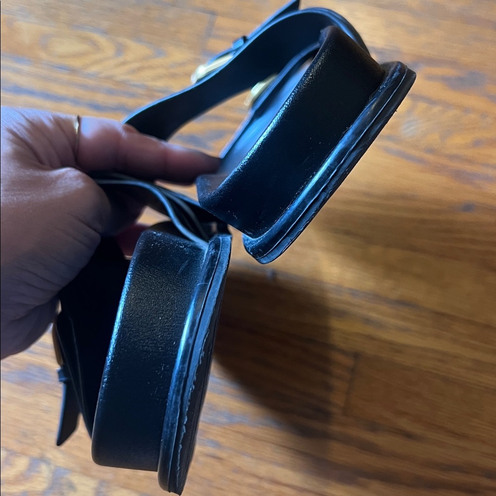 Zara Black Slide Sandals with Gold Buckles - Double Strap - Picture 4 of 6